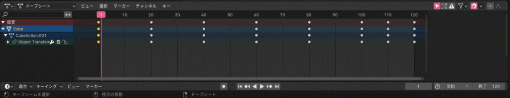 Blender　アニメーション　キーフレーム移動