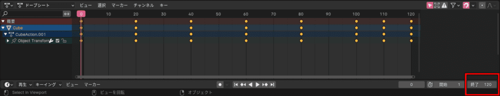 Blender　アニメーション　終了フレーム